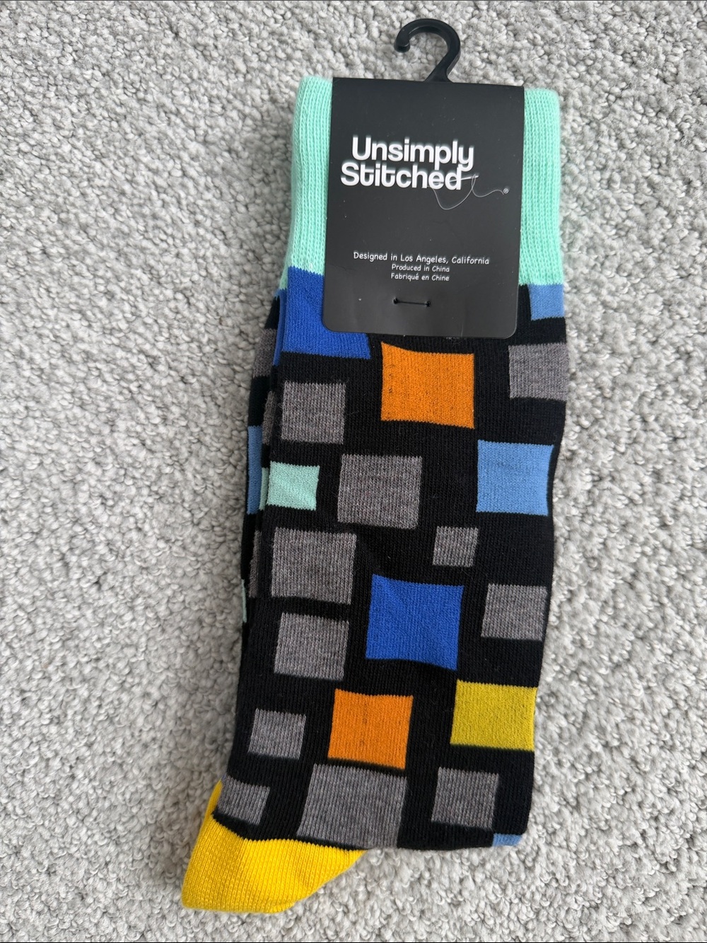 Men’s Black Geometric Crew Socks with Multicolor Squares